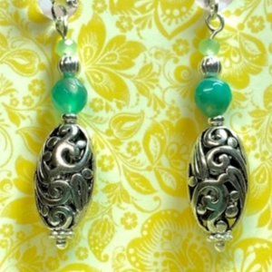Silver Filigree and Green Faceted Stone Earrings